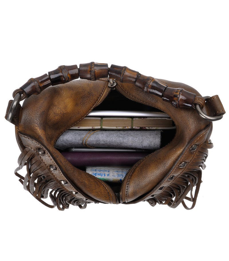 ZLYC Women's Leather Bamboo Hand Strap Featured Fringe Bohemian Tassel Studed Cross Body Bag (Brown) - Image 5